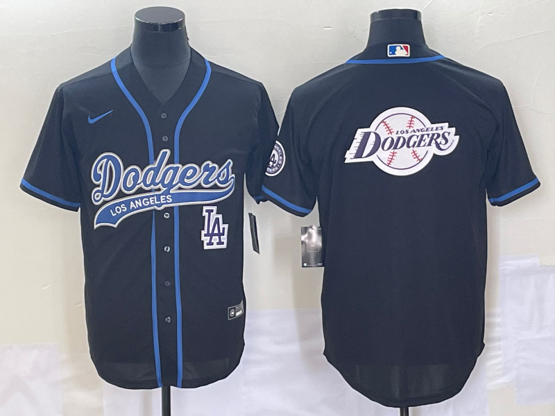 Men's Los Angeles Dodgers Black Team Big Logo With Patch Cool Base Stitched Baseball Jersey